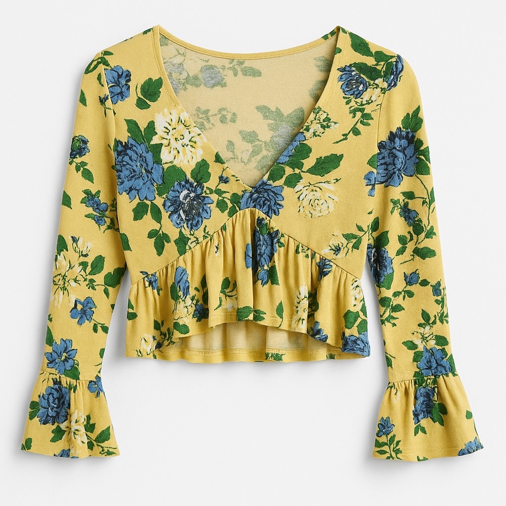 Urban Outfitters Floral Crop Top Small Yellow Blue Bell Sleeve Ruffle
